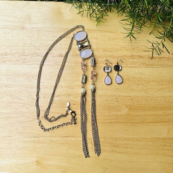 Vintage CHICO'S Necklace Earrings‎ Two Tone Pale Pink Crystal Long Tassel 23" - Picture 9 of 11